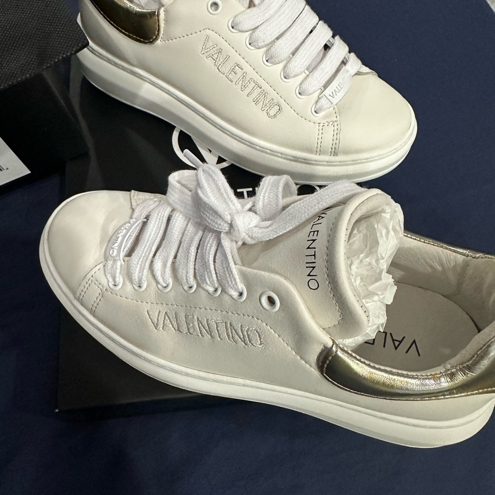 Valentino Women's White and Metallic Gold Sneakers